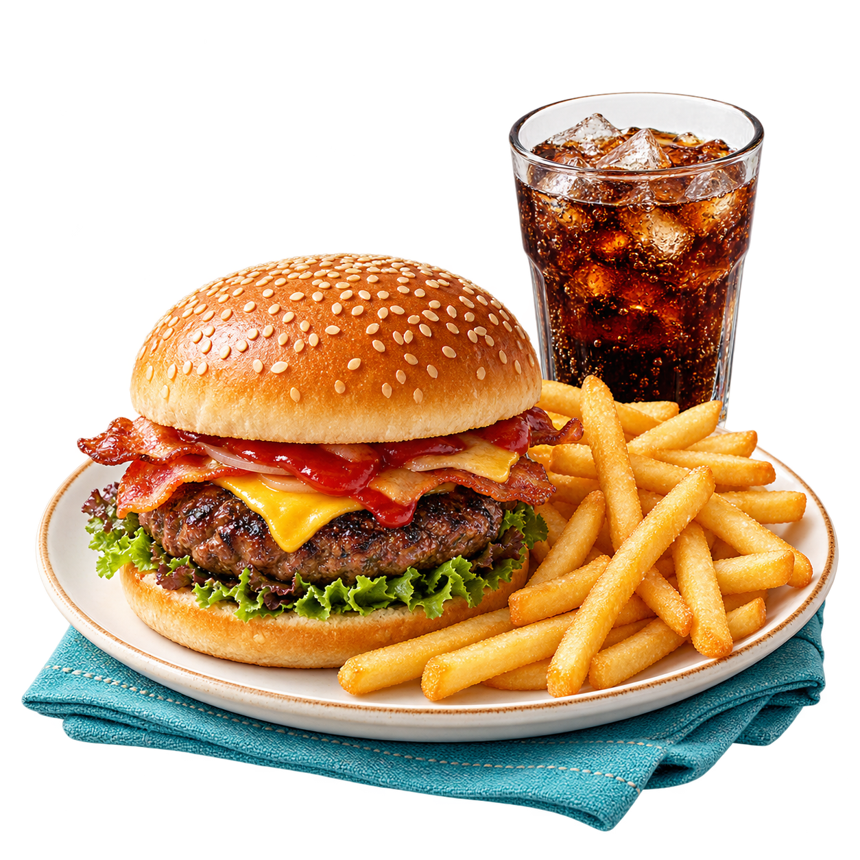 ハンバーガー、ポテト、コーラ