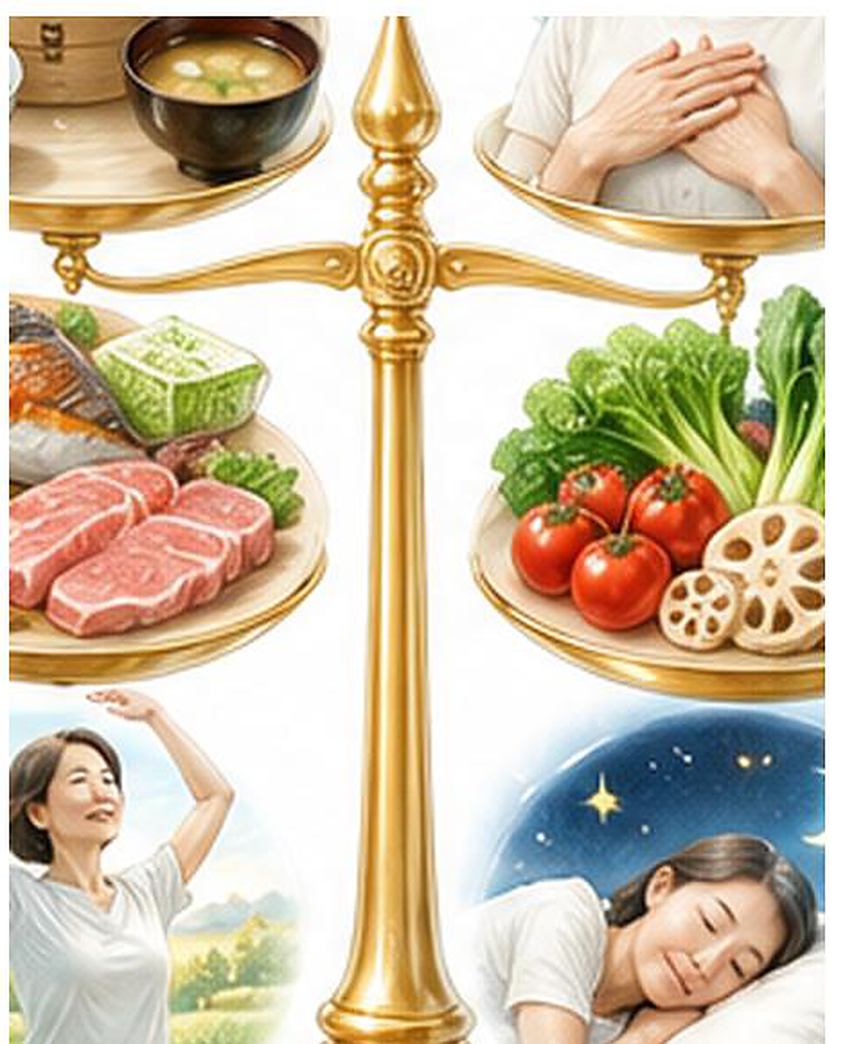 食事、心、睡眠、運動などのバランスを表した天秤のイメージ
