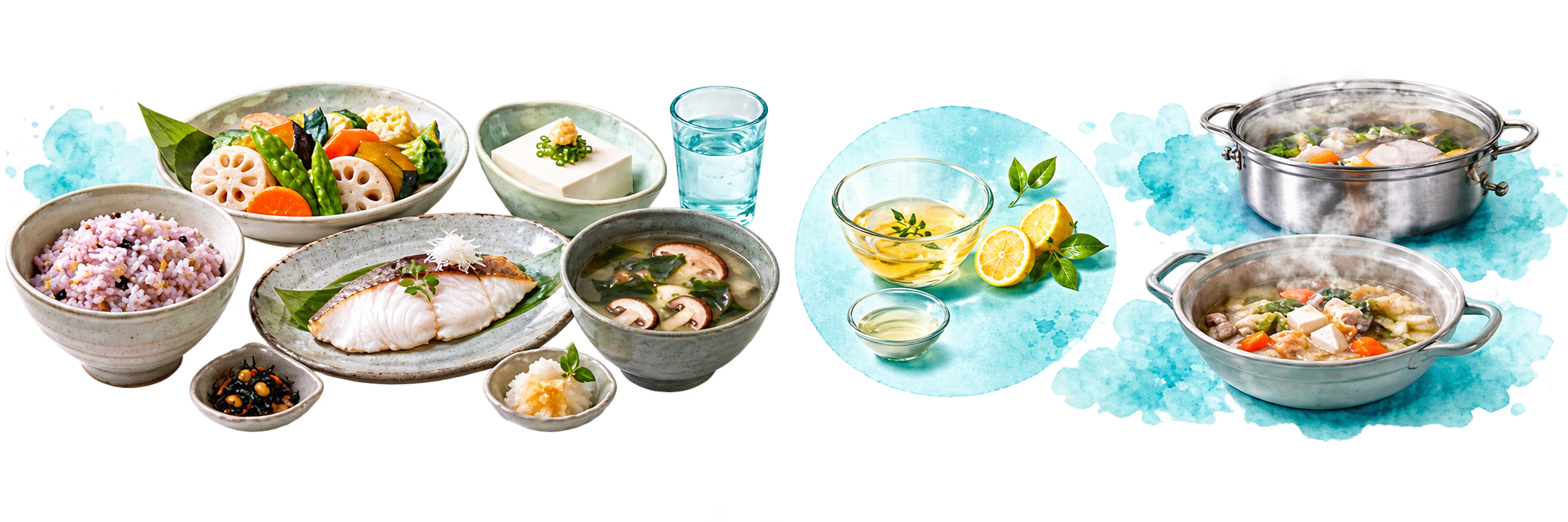 蒸し魚、野菜、雑穀ごはん、汁物などを組み合わせた食事のイメージ